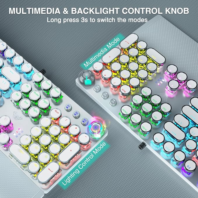AULA F2088 Typewriter Mechanical Keyboard, White Retro Wired Gaming Keyboard with Blue Switches, Rainbow Backlit, Round Keycaps, Media Knob & Removable Wrist Rest - Image 5