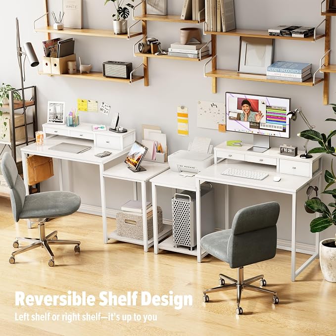SINPAID 47 inch Computer Desk with Printer Shelf, Gaming Desk with Monitor Stand and Drawers, Reversible Home Office Desk with Storage Shelves and 2 Hooks, Home Workstation for Study Writing, White - Image 8