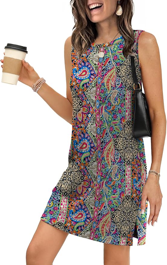 WIHOLL Casual Dresses for Women Crewneck Sleeveless Tank Dress Summer Spring Boho Vacation Clothes - Image 2