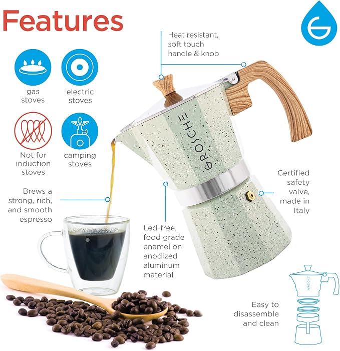 GROSCHE Milano Moka pot, Stovetop Espresso maker, Greca Coffee Maker, Stovetop coffee maker and espresso maker percolator (Mint, 9 cup) | Cuban Coffee Maker And Italian Moka Pot For Stovetop Espresso; For Gas, Electric, And Propane Stoves With A Soft-T... - Image 3