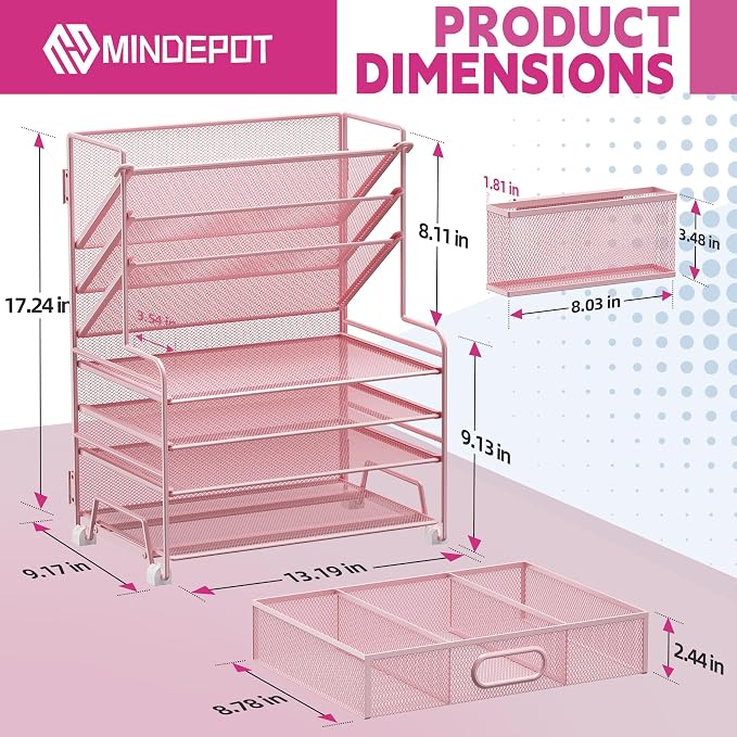 MINDEPOT 4-Tier Paper Organizer + 3-Pocket File Holder + Drawer + Pen Holders, Desktop File Organizers Paper Tray for Office Supplies School Classroom Organization (Pink, with Drawer & Pen Holder) - Image 2