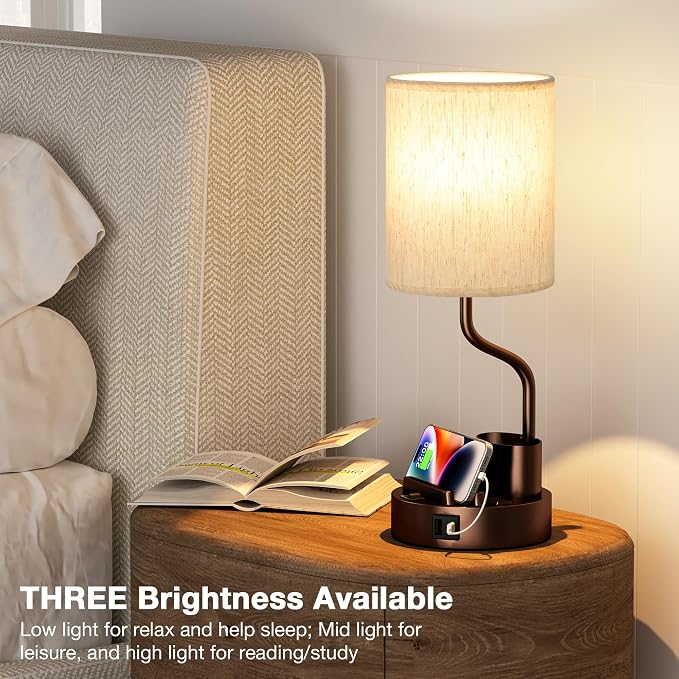 Fenmzee Bedside Lamps for Bedroom Set of 2 - Table Desk Lamp for Nightstand | 15" Table Lamp for Living Room with Pen Holder & Phone Stand, USB A+C Port, AC Outlet, 3 Color Temperature, LED Bulb Included - Image 4