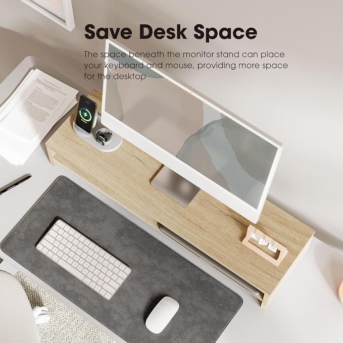 Fenge 31.5 Inch Dual Monitor Stand Riser for Desk, Oak | Wooden Desk Shelf, 2-Tier Open Storage Compartment, for PC Laptop Screen Printer, Home Office Desktop Organizer - Image 5