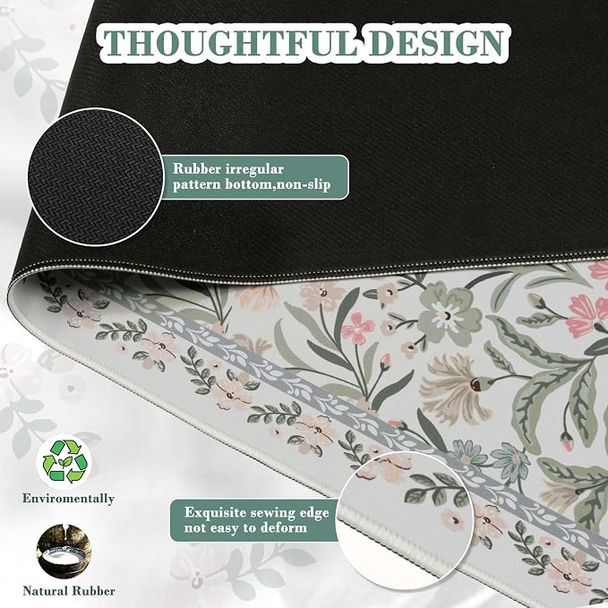 iCasso Aesthetic Desk Mat,31.5x11.8in Mouse Pads, Gray Floral | Anti-Slip Mousepad with Stitched Edges, Waterproof Computer Pad, Desk Accessories Office Decor for Women - Image 4