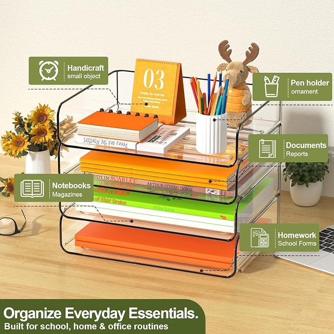 FANXIYQ 4-Tier Acrylic Paper Tray Organizer - Low-Profile Desk File Sorter for Office/Home, Clear Stackable Letter Tray for Bills, Crafts, Notebooks - Image 2