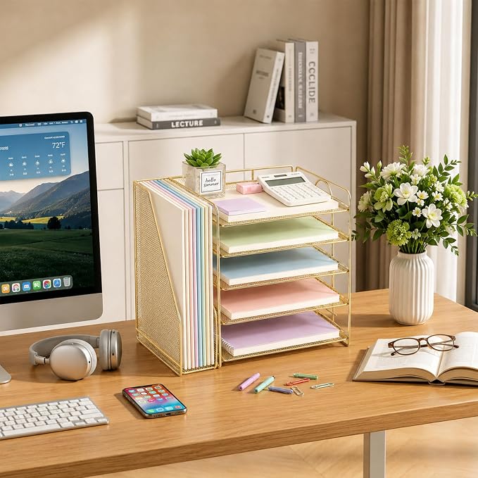 OPNICE Desk Organizer, 5-Tier Paper Organizer Letter Tray with Magazine Holder, Office Desk Accessories & Workspace Organizers, Desktop File Organizer for Office Supplies Storage, Gold - Image 6