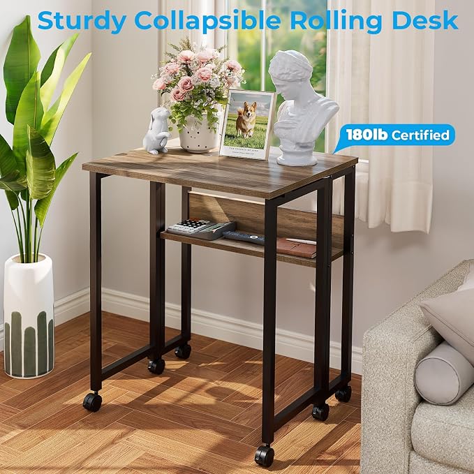 GreenForest Folding Desk with Wheels, 24.8" Rolling Table for Small Spaces | Storage Shelf, Lockable Casters, Compact Portable Workstation, Space-Saving Foldable Sofa Table, Home Office, Mobile, Grey - Image 8