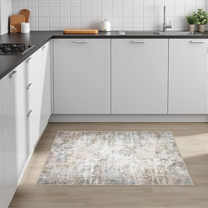 Washable Area Rug 2x3 Entryway Rug: Washable Modern Abstract Soft Thin Rug Indoor Floor No Slip Stain Resistant Carpet for Bedroom Dining Room Farmhouse Nursery Home Office - Brown Grey - Image 4