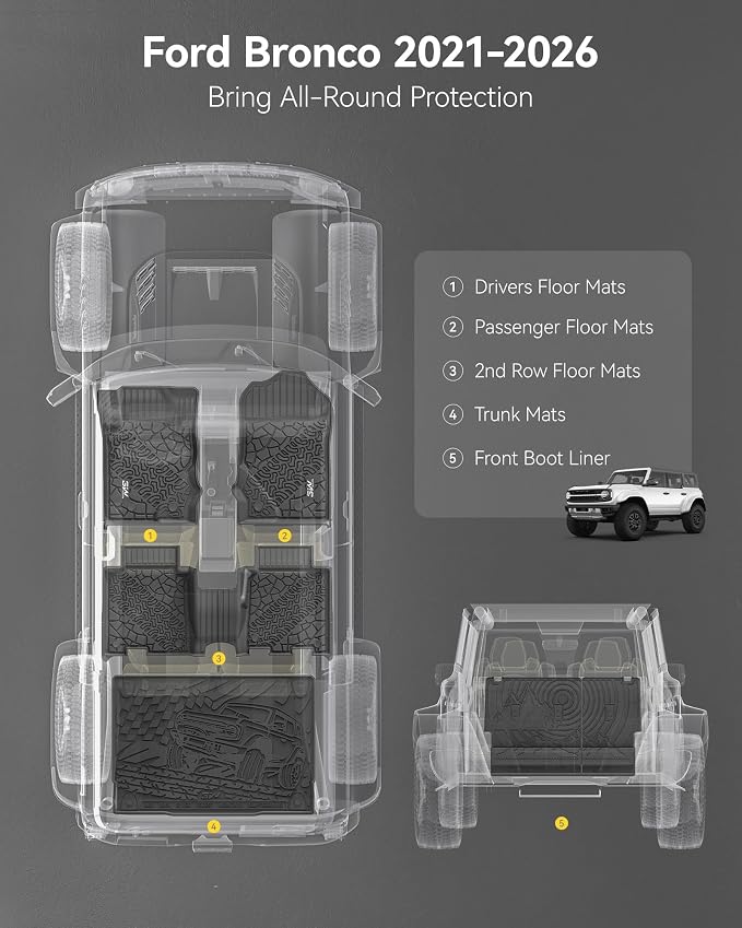 3W Ford Bronco Floor Mats & Cargo Liner & Back Seat Cover Custom Fit for 2021-2025 2026 Bronco 4 Door All Weather Custom Fit Ford Bronco Accessories (Not for Sport & Rubberized Floor) - Image 2