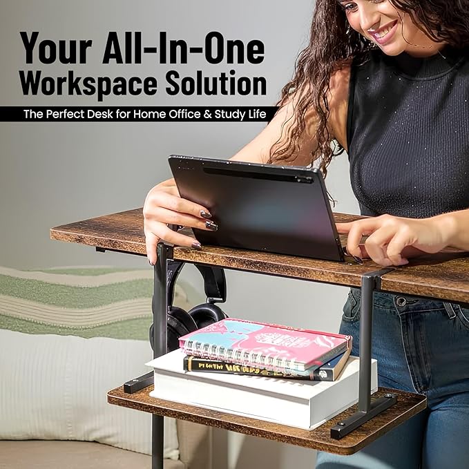 Small Rolling Desk with Wheels, Adjustable Height 27"-43.3" Portable Standing Desk, 31.5"x15.7" Tabletop, Mobile Laptop Computer Table for Home Office Workstation, Rustic Brown - Image 5
