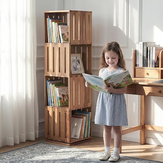 Wooden Rotating Bookshelf, 360°Spinning Deep-Bin Tower for Art Books&Large Formats, Solid Wood Revolving Bookcase, Floor Standing Storage Rack,Corner Organizer,Small Space,study,Office, 4-Tier by unununu