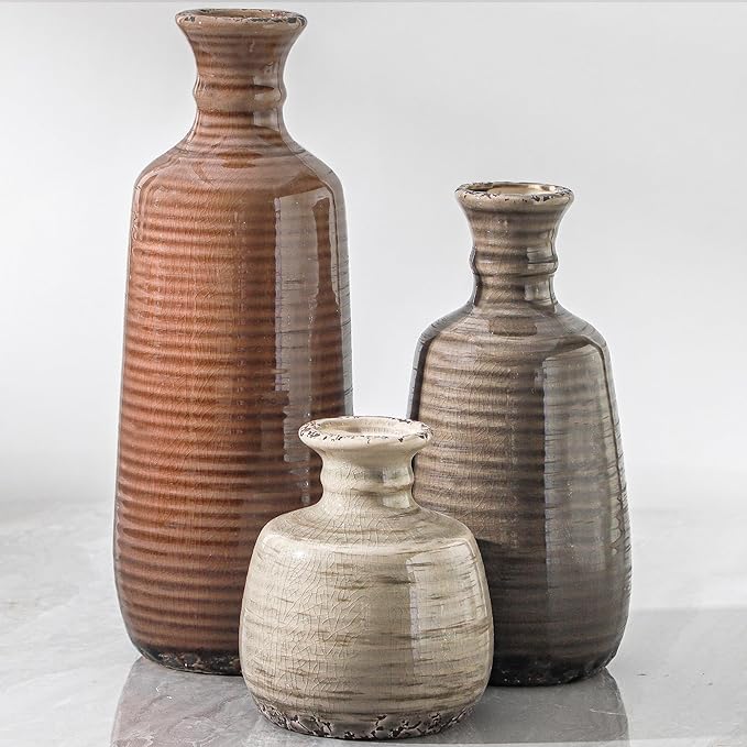 Ceramic Vases Set of 3, Neutral Rustic Farmhouse Vases Home Decor Decorative Flower Vase Modern Boho Pampass Vase for Table Mantel Entryway Shelf Living Room Kitchen Bathroom - Brown by ooit
