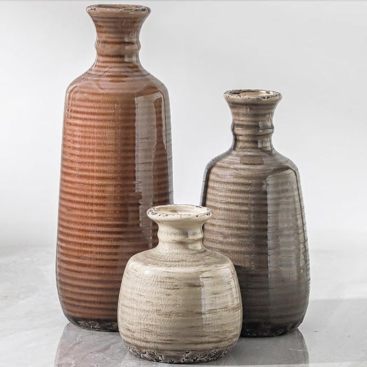 Ceramic Vases Set of 3, Neutral Rustic Farmhouse Vases Home Decor Decorative Flower Vase Modern Boho Pampass Vase for Table Mantel Entryway Shelf Living Room Kitchen Bathroom - Brown by ooit