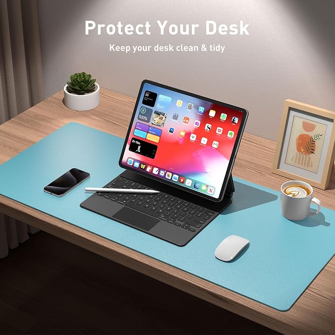 Aothia Large PU Leather Desk Pad Protector – Non-Slip Mouse Pad & Writing Mat for Office/Home, Waterproof, Easy to Clean(36" x 17", Blue Topaz) - Image 4