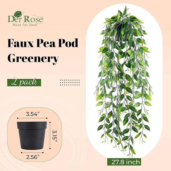 Der Rose 2 Pack Fake Hanging Plants Small Artificial Plants Faux Pea Pod Plants Indoor for Aesthetic Living Room Office Shelf Decor - Image 3