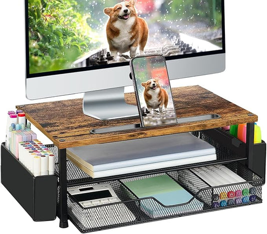 AUPSEN Wood Desk Organizers and Accessories, 2-Tier Computer Monitor Stand Riser with Drawer, Pen Storage & Phone Holder, Office Desk Accessories, Workspace Desktop Organization for Office Supplies（Brown） by AUPSEN