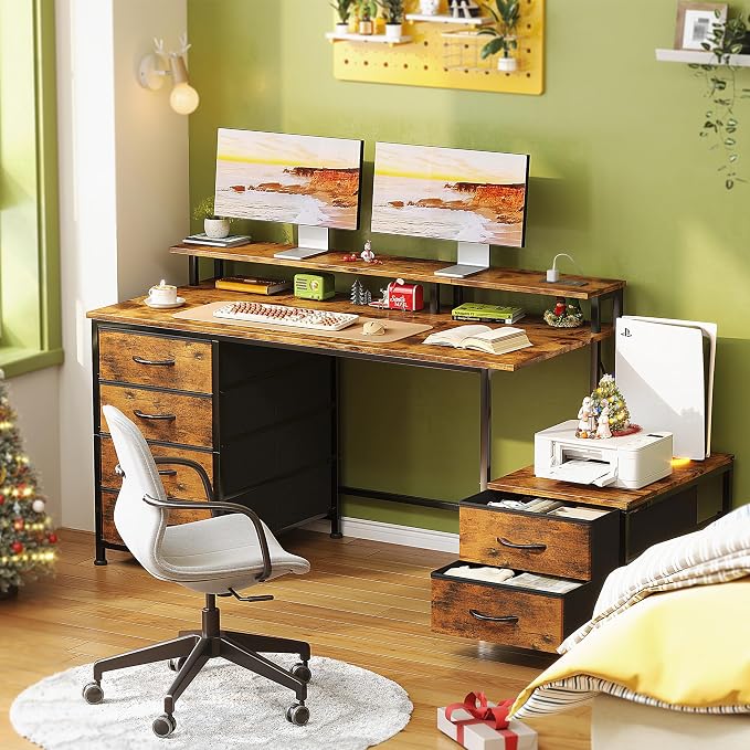 52 Inch Office Desk with 6 Drawers and Printer Space for Storage, Reversible Computer Desk with Monitor Stand & Power Outlets, Home Office Desks, Vintage - Image 8