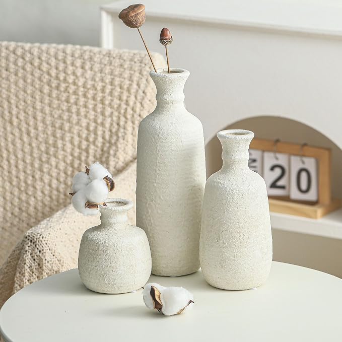 Ceramic Vase Set of 3, Neutral Rustic Vases Home Decor Farmhouse Decorative Vase Whitewashed Pottery Decor Boho Modern for Table Mantel Entryway Bookshelf Living Room Kitchen Bathroom Bedroom - White - Image 4