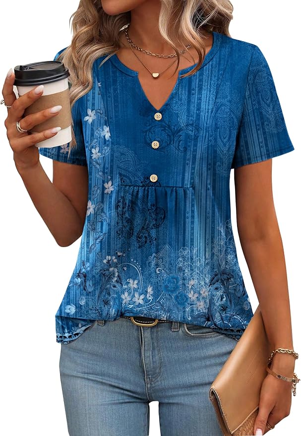 Zeagoo Womens Short Sleeve Tops Summer Henley V-Neck Tshirts Casual Pleated Blouse Dressy Loose Floral Basic Tee - Image 2