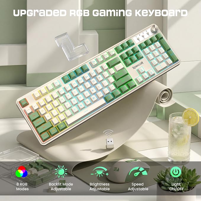Redragon RM104 Wireless Gaming Keyboard with Knob, Tri-Mode BT/2.4G/USB-C RGB Computer Keyboards, 4000mAh Battery, Programmable Software Support, Anti-Ghosting, Compatible with PC Mac - White & Green - Image 7