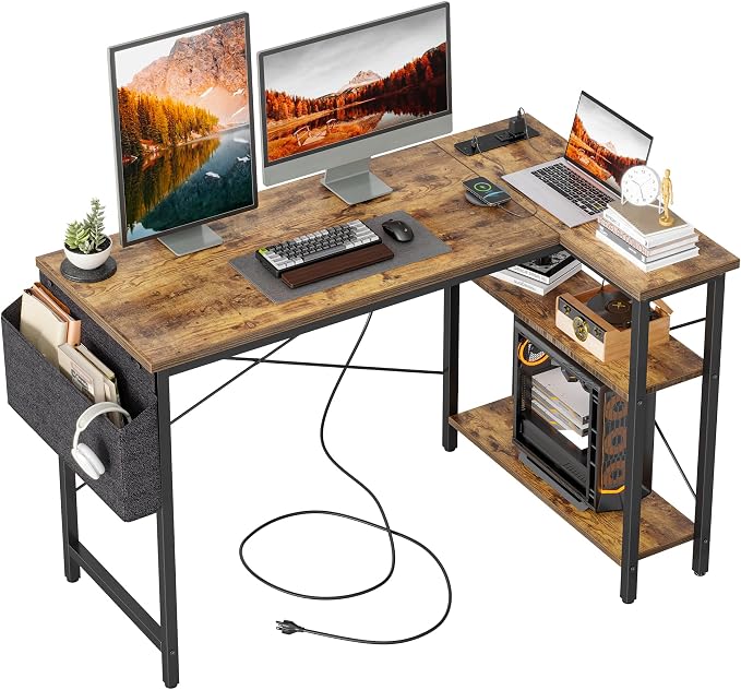 TIQLAB L Shaped Computer Desk with Power Outlets, 47 Inch Small Corner Desk with Reversible Shelves, Gaming Desk Computer Table Study Writing Desk for Home Office Small Space, Rustic Brown by TIQLAB