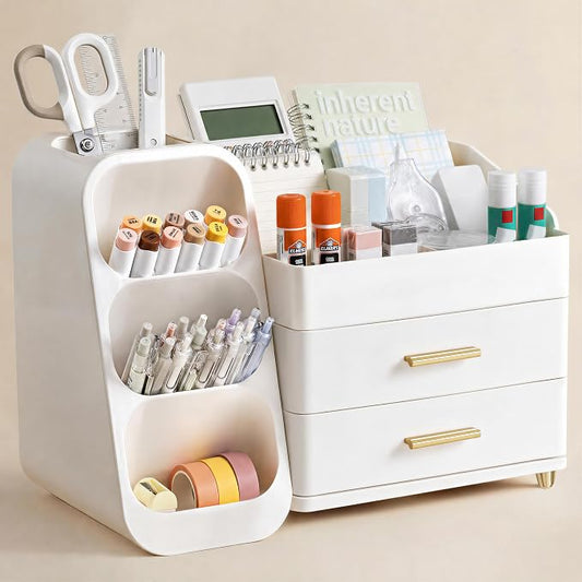 HBlife Desk Organizer with Pen Pencil Holder for Desk, Pen Organizer with 2 Drawers, Desk Organizers and Accessories with 4 Compartments, Desktop Storage for Office Home School Art Supplies, All White by HBlife
