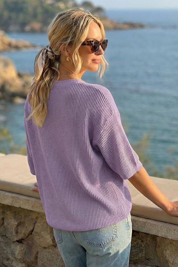 Arach&Cloz Womens Summer 100% Cotton Oversized Crochet Tops 3/4 Length Sleeve Sweater Hollow Out Casual Blouses 2026 - Image 3
