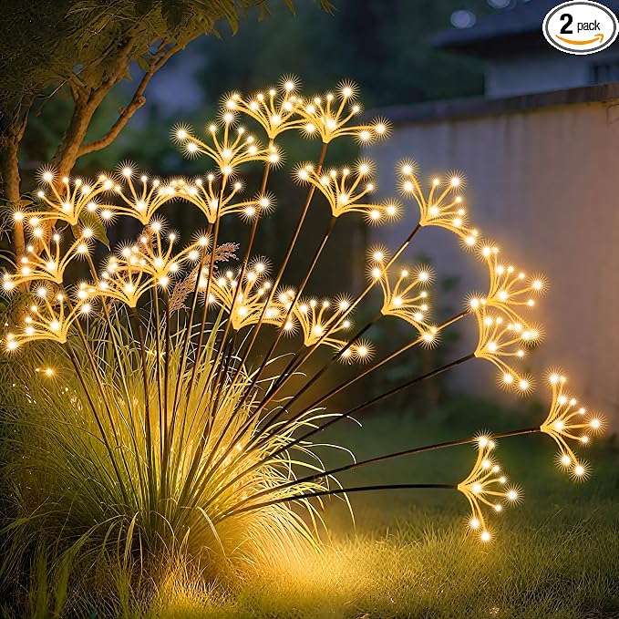JJGoo Solar Garden Lights, New Upgraded 2 Pack Solar Swaying Starburst Light, Waterproof Fireworks Outdoor Lights, Yard Patio Pathway Decoration, Warm White by JJGoo