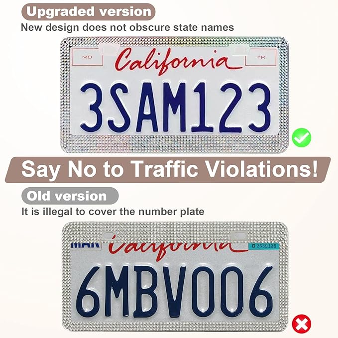QUANQIUFEI 2 Pack Bling License Plate Frames for Women, Sparkly Rhinestone Diamond Car Accessories with Glitter Crystal Caps (Colorful) - Image 2