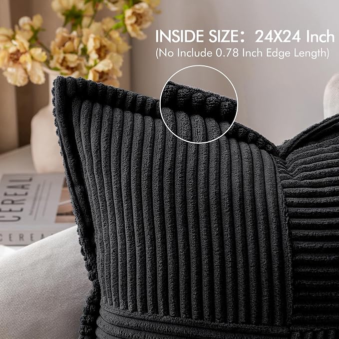 MIULEE Black Corduroy Decorative Euro Sham Pillow Covers 24x24 Inch with Splicing Set of 2 Soft Boho Pillow Covers Broadside Textured Pillowcases for Halloween Couch Bed Livingroom - Image 2