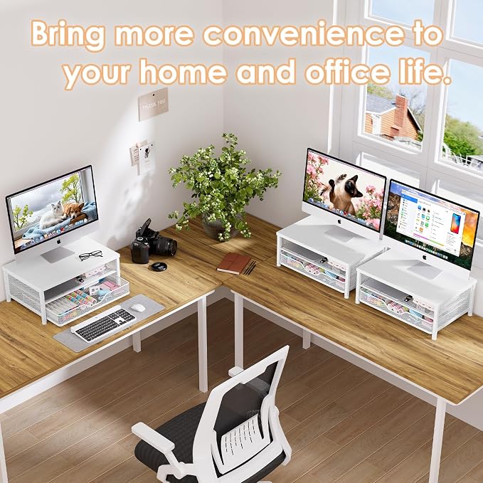 OPNICE Computer Monitor Stand Riser, Desk Organizer with Drawer, Printer & Laptop Stand, Office Desk Accessories & Workspace Desktop Organizers Storage for Office Supplies(White) - Image 4