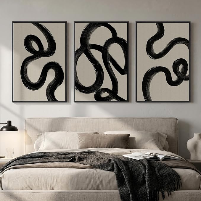 Large Framed Black and White Abstract Wall Art for Living Room, Set of 3 Modern Minimalist Canvas Prints Paintings Artwork for Walls, Neutral Pictures Wall Decor for Bedroom Hallway Office, 24x36 In - Image 5