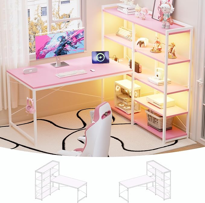 Pamray 49 Inch L Shaped Gaming Computer Desk with Shelves and Storage | Compact Reversible Design with LED Lights & Power Outlets, Suitable for Home Office Bedroom Small Spaces and Dorm Study Work by PAMRAY