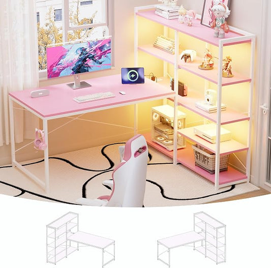 Pamray 49 Inch L Shaped Gaming Computer Desk with Shelves and Storage | Compact Reversible Design with LED Lights & Power Outlets, Suitable for Home Office Bedroom Small Spaces and Dorm Study Work by PAMRAY
