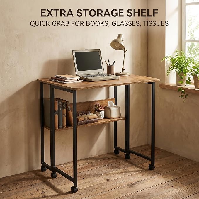 Mobile Foldable Computer Desk with Lockable Wheels & Fixed Foot Pads,Space Saving Folding Writing Gaming Table with Storage Shelf,Laptop Desk for Bedroom Small Apartment Office - Image 7