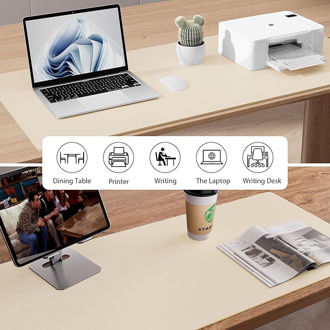 Aothia Faux Leather Desk Mat - Non-Slip PU Leather Desk Blotter, Waterproof Writing Surface, Large Desk Pad for Office & Home (Beige, 55" x 24") - Image 6