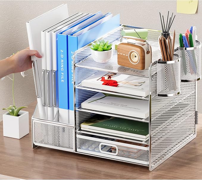 Marbrasse Desk Organizer with File Holder, 5-Tier Paper Letter Tray Organizer with Drawer and 2 Pen Holder, Mesh Desktop Organizer and Storage with Magazine Holder for Office Supplies (Silver) - Image 6