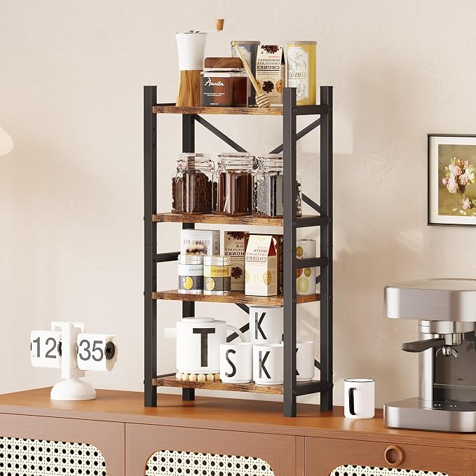 Desktop Bookshelf, 4-Tier Stackable Narrow Bookcase, Adjustable Industrial Desk Organizer & Hutch - Rustic Brown Wood Desktop Book Organizer for Living Room, Bedroom & Home Office - Image 7