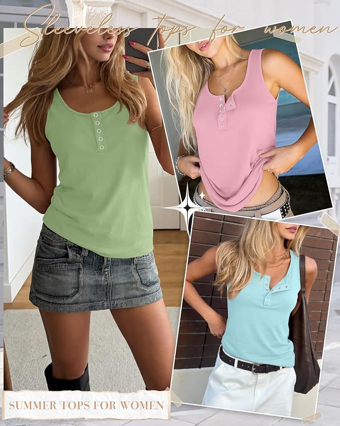 Ficerd 3 Pack Women's Henley Tank Tops Sleeveless Button Down Summer Shirts 2026 Casual Trendy Loose U Neck Tee Blouses - Image 2