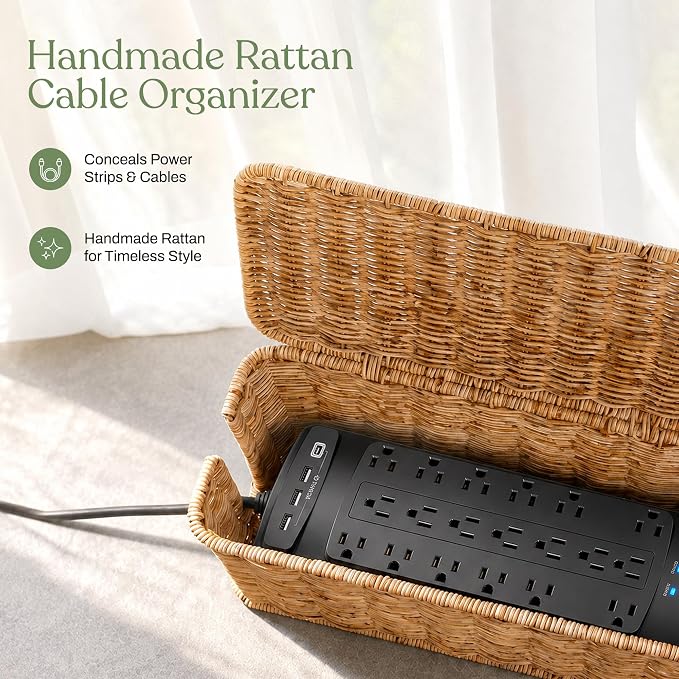 Cable Management Box Set of 2 Sizes, Handmade Rattan Cable Organizer with 2 Open Slots, Cord Hider for Power Strip, Router & USB Hub, Registered U.S. Design Patent (D1,112,102), Natural - Image 3