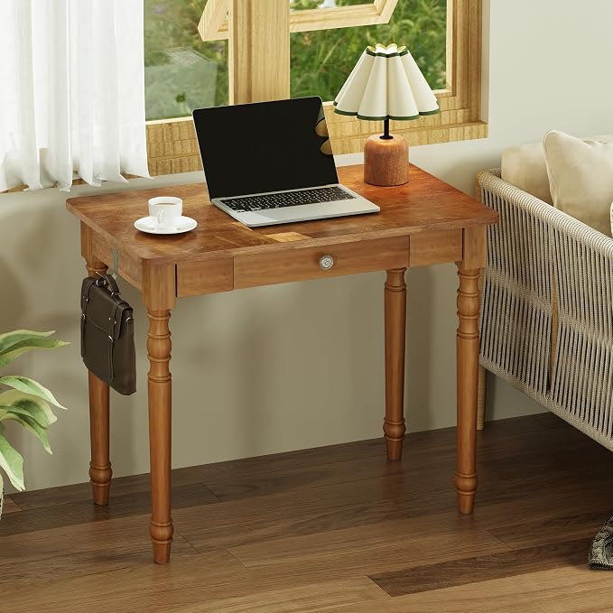 Vintage Solid Wood Writing Desk - 31.5" Mid Century Modern Desk with Drawer, Small Wooden Computer Desks for Home Office, Secretary Desks, Traditional Vanity Dressing Table for Bedroom, Walnut - Image 3