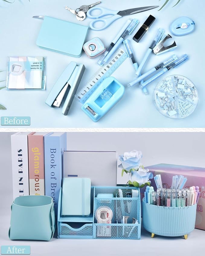 LXEVIHK 20Pcs Blue Desk Organizers and Accessories With Mesh Desk Organizer and 360°Rotating Pen Holder and a Lot of Office Blue Office Supplies Beautifully Presented in a Gift Box - Image 3