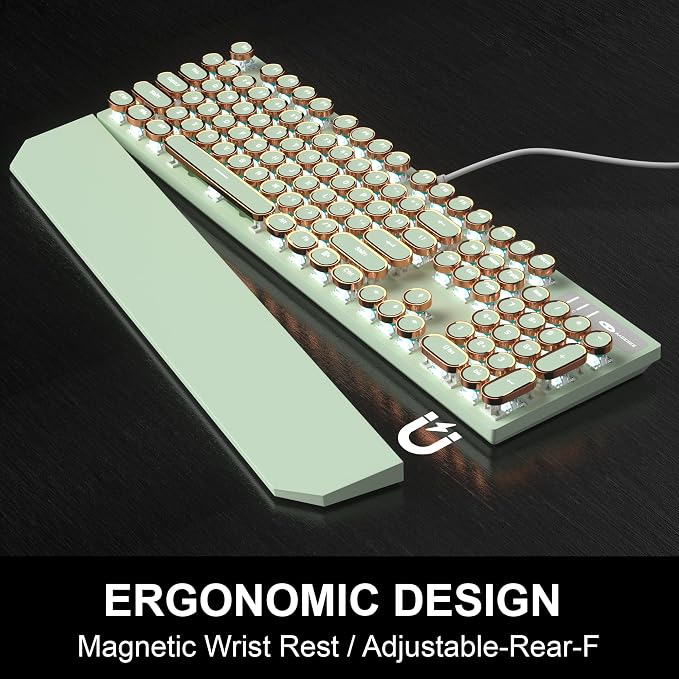 Camiysn Typewriter Style Mechanical Gaming Keyboard, Green Retro Punk Gaming Keyboard with White Backlit, 104 Keys Blue Switch Wired Cute Keyboards, Round Keycaps for Windows/Mac/PC - Image 3