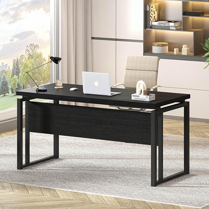 EXCEFUR Black Desk for Home Office, Modern Computer Desk, Wood and Metal Writing Study Table for Workstations, Living Room, Bedroom, 53 Inch - Image 8
