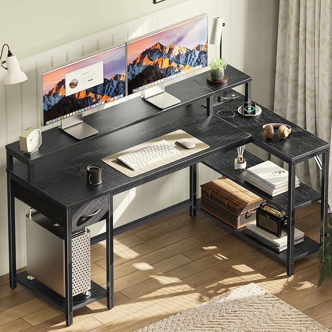SUPERJARE 53 inch L Shaped Gaming Desk with LED Lights & Power Outlets, Reversible Computer Desk with Shelves & Monitor Stand, Corner Desk with Drawer, for Home & Office, Black - Image 9