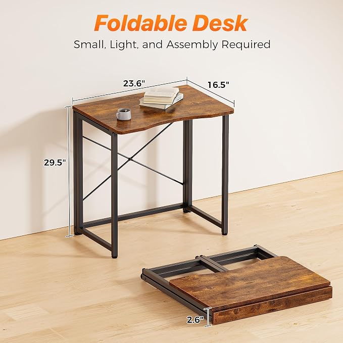 Huuger Folding Desk for Small Spaces, 31.5 Inch Foldable Computer Table, Easy Assembly, for Home Office, Study, Bedroom, Dorm, Space Saving, Small Writing Work Office Computer Desk, Rustic Brown - Image 2