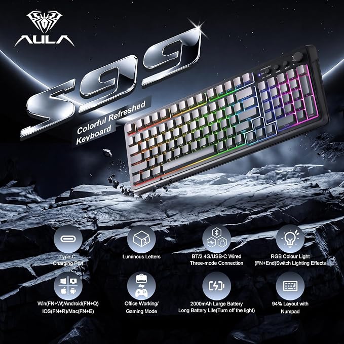 AULA Keyboard Gaming Wireless Creamy Computer Keyboards with Number Pad | Side-printed Light Transmission Letters Keyboard,99 Keys,RGB Backlit,Tri-Mode BT/2.4GHz/USB-C Connection,Gradient Grey - Image 2