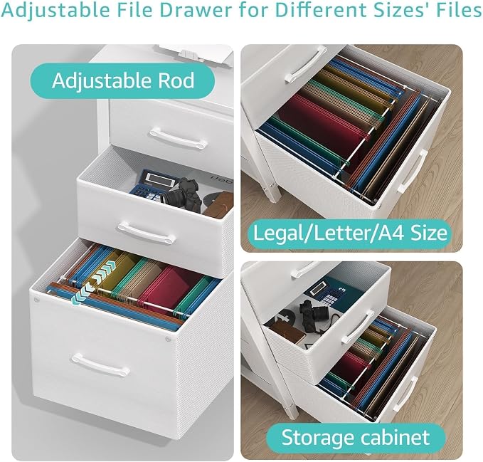 Lufeiya White Computer Desk with Fabric File Drawers Cabinet, 55 Inch Reversible Desks with Storage Filing Cabinet for Home Office, Modern Writing Table PC Desks for Bedroom, White - Image 5