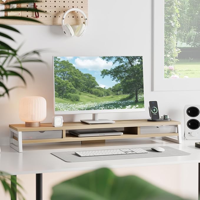 Fenge Dual Monitor Stand, Monitor Riser with Drawer, 42.5 Inch Large Computer Monitor Stand for 2 Monitors, 2 Tier Wooden Desk Shelf for Top of Desk - Image 2