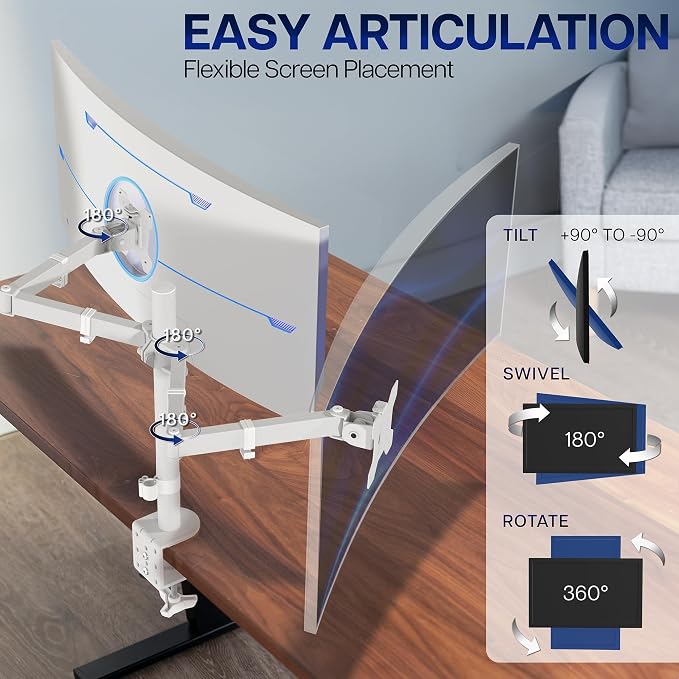 VIVO Dual Ultrawide Monitor Desk Mount, Heavy Duty Fully Adjustable Steel Stand, Holds 2 Computer Screens up to 38 inches and Max 22lbs Each, White, STAND-V038W - Image 3